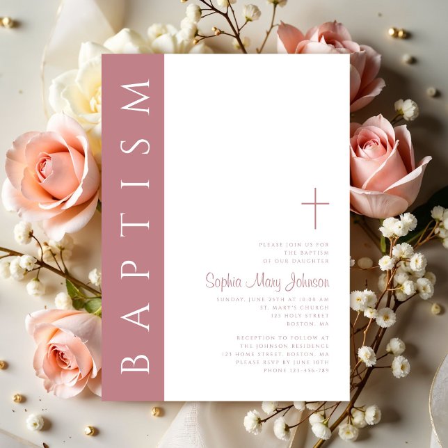 Convites Batismo de Meninas Rosa Moderno Elegante em Script (Modern Elegant Script Pink Girls Baptism Invitation)