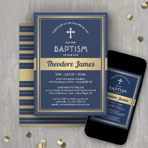 Convites Batismo de Menino Elegante Azul Marinho e Dourado