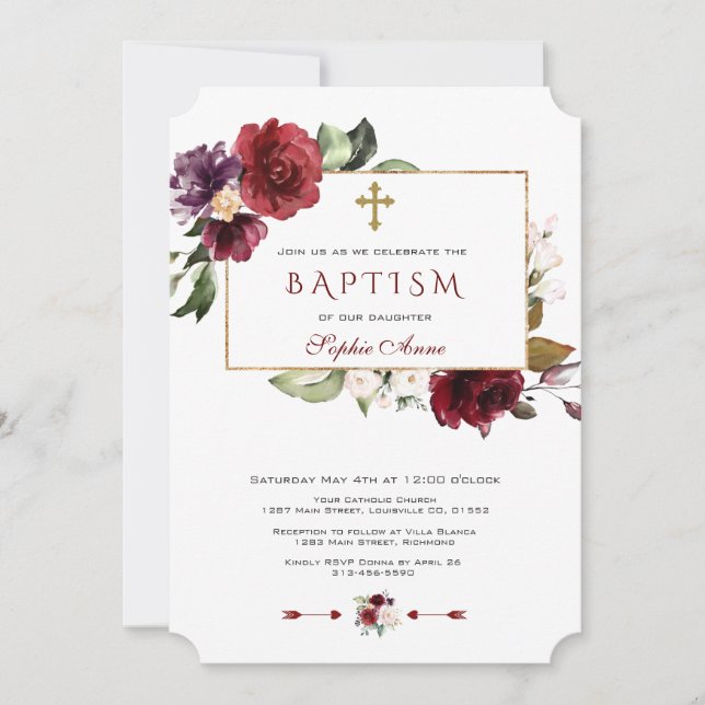 Convites Batismo de Moldura Floral Rosa-impermeável (Frente)