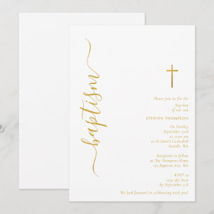 Convites Batismo de Natal branco e Dourado de Script Modern