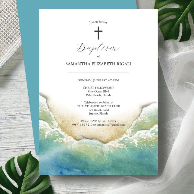 Convites Batismo de Praia Invitações Aquarela (Baptism invitations watercolor ocean waves art by Victoria Grigaliunas Do Tell A Belle)