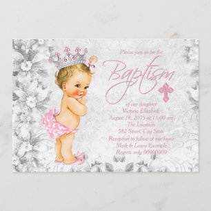 Convites Batismo de Princesa Vintage Rosa e Cinza