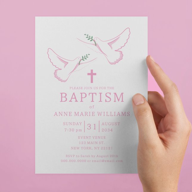 Convites Batismo De Rapariga Rosa-Rosa-Branço-De-Oliva (Dove Olive Branch Cross Pink Girl Baptism Invitation
)