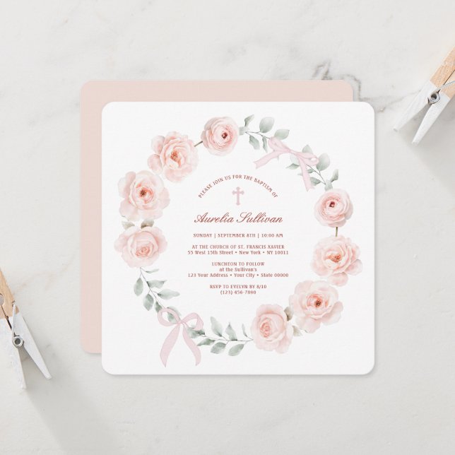 Convites Batismo de rosas e Arcos (Frente/Verso In Situ)