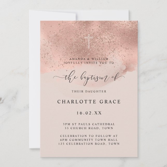 Convites Batismo de Script Sparkle Dourado cor-de-rosa (Frente)