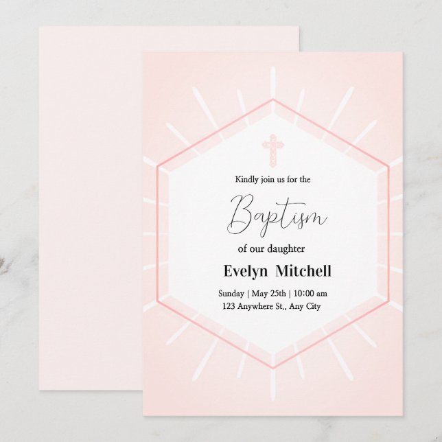 Convites Batismo delicioso, cor-de-rosa e branco (Frente/Verso)