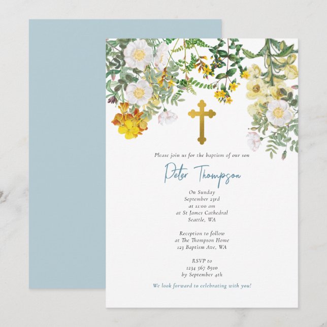 Convites Batismo do Garden Boy Rosa da Flor Amarelo (Frente/Verso)