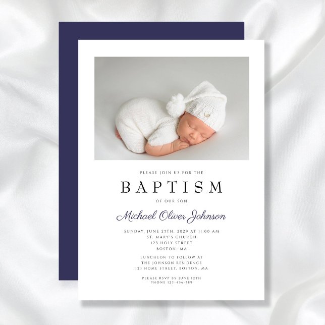 Convites Batismo do marinho Blue Elegante Photo Boy (Navy Blue Elegant Photo Boy Baptism Invitation)