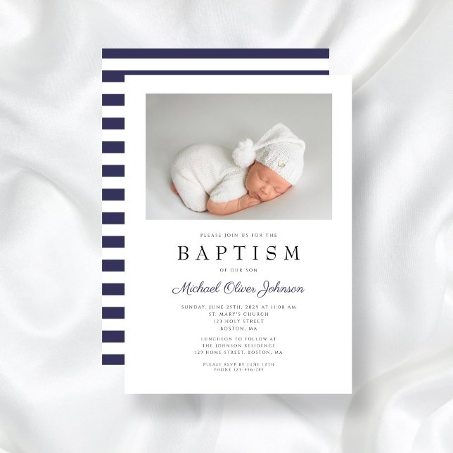 Convites Batismo do Marinho Moderno Blue Photo Boy (Modern Navy Blue Photo Boy Baptism Invitation)
