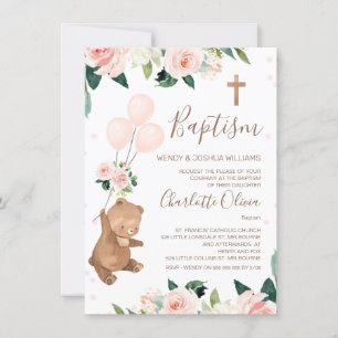Convites Batismo dos Balões do Urso Floral Blush