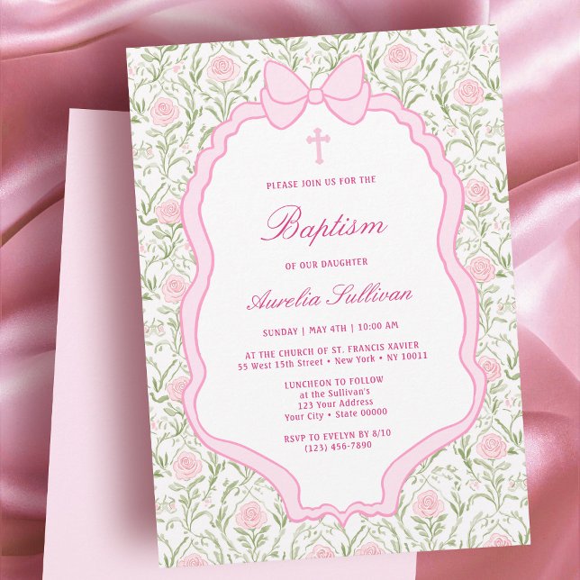 Convites Batismo dos Rosas de quadros cor-de-rosa (Criador carregado)