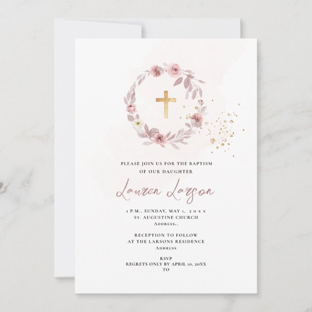 Convites Batismo dos Rosas de Rosa H2 Dusty do ArtsApp Eleg (Frente)