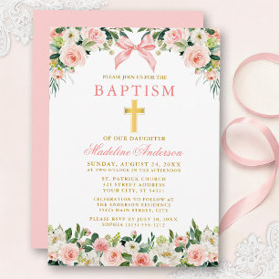 Convites Batismo Dourado Arco Floral Rosa Aquarela
