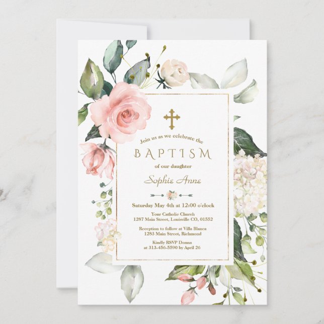 Convites Batismo Dourado com Creme Blush Cor-de-rosa (Frente)