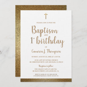 Convites Batismo Dourado Cruz Branco e primeiro aniversario