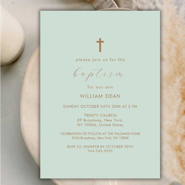 Convites Batismo Dourado Cruzado com Boho, Script Moderno V (Green Modern Script Boho Gold Cross Baptism Invitation)