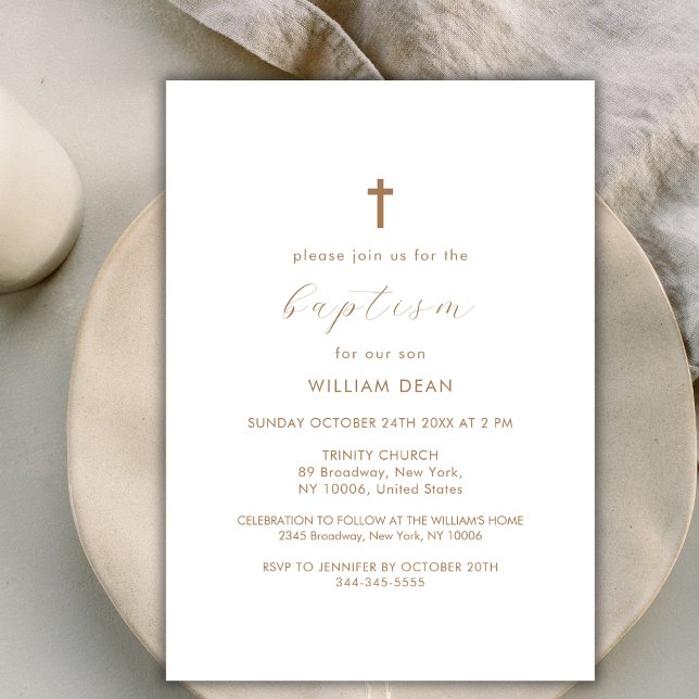 Convites Batismo Dourado Cruzado de Boho Moderno (Modern Script Boho Gold Cross Baptism Invitation)
