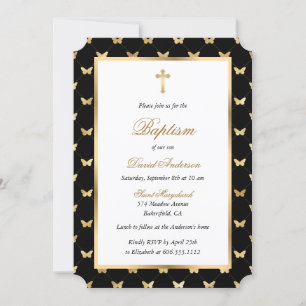 Convites Batismo Dourado Cruzado Elegante de Borboleta Pret