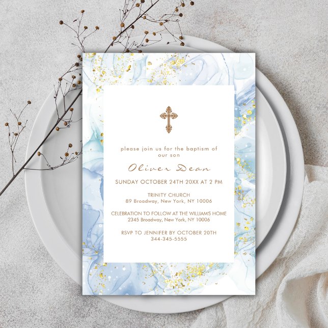 Convites Batismo Dourado Cruzeiro Elegante Blue Agate (Elegant Blue Agate Gold Cross Boy Baptism Invitation)