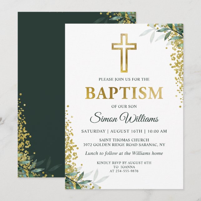 Convites Batismo Dourado da Cruz Verde Moderna (Frente/Verso)