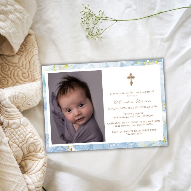 Convites Batismo Dourado de Cristo Azul Elegante Foto: Cros (Elegant Blue Agate Photo Gold Cross Boy Baptism Invitation)