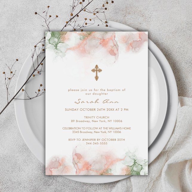 Convites Batismo Dourado do Boho Rosa Verde Moderno (Modern Green Pink Boho Agate Gold Cross Baptism Invitation)