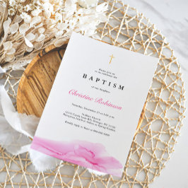 Convites Batismo Dourado e Christening de Tinta Rosa Elegan