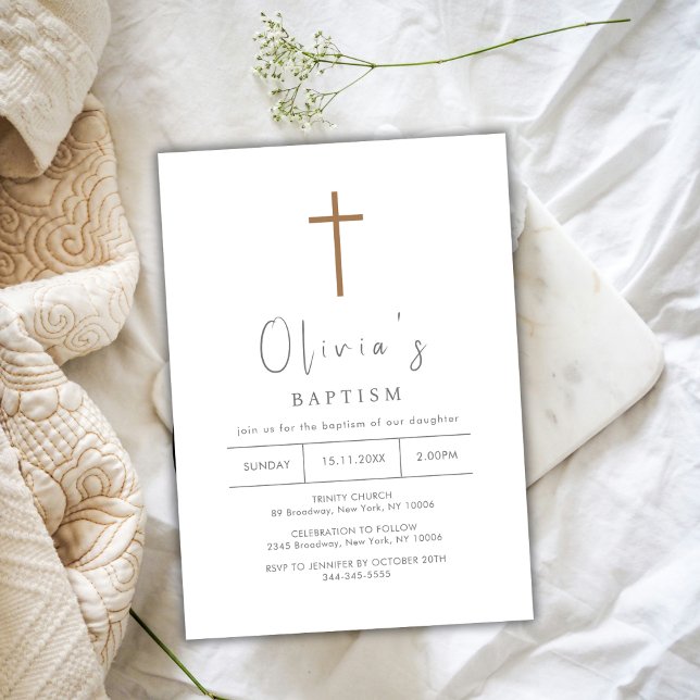 Convites Batismo Dourado e simples (Simple Gold Cross Christening Baptism Invitation)