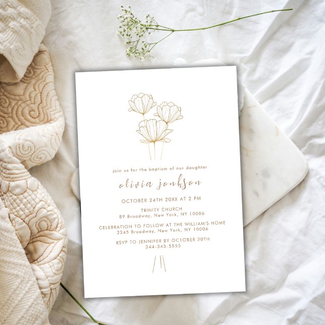 Convites Batismo Dourado Elegante da Flor Christening Girl (Elegant Gold Flower Christening Girl Baptism Invitation)
