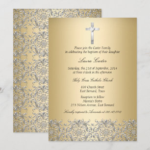 Convites Batismo Dourado Elegante Damask Cross/Christening