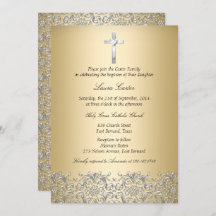 Convites Batismo Dourado Elegante Damask Cross/Christening