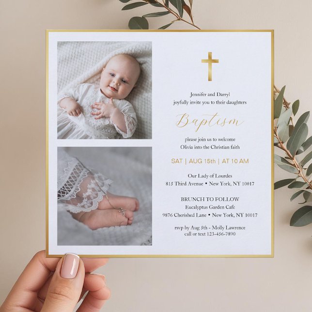 Convites Batismo Dourado Elegante | Script Moderno (Photo Baptism Invitation )