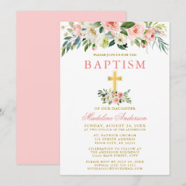 Convites Batismo Dourado Floral Branco Cor-de-Água Elegante