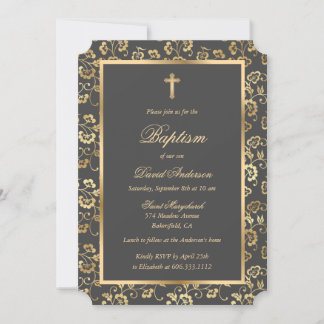 Convites Batismo Dourado Floral das Cinzas Elegantes