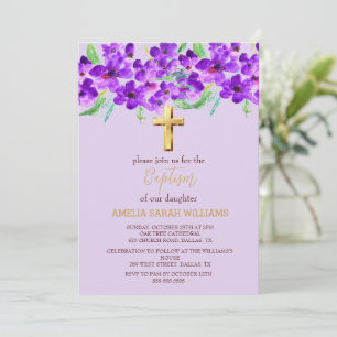 Convites Batismo Dourado Floral Roxo Lilac