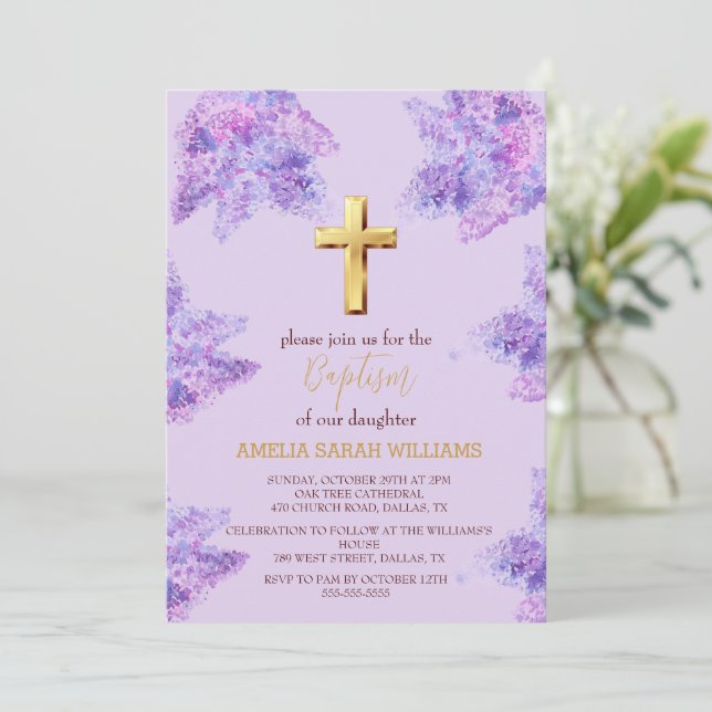 Convites Batismo Dourado Floral Roxo Lilac (Em pé/Frente)
