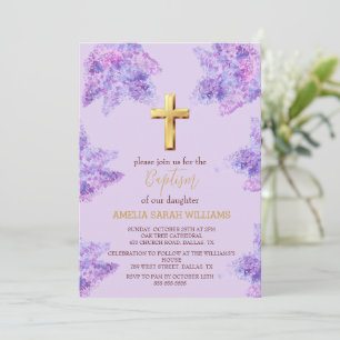 Convites Batismo Dourado Floral Roxo Lilac