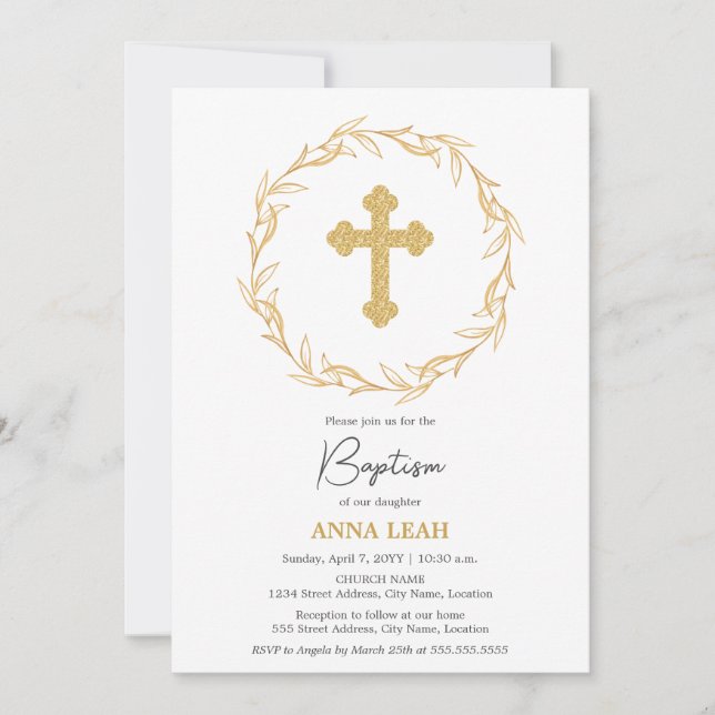 Convites Batismo Dourado mínimo e elegante da cruz (Frente)