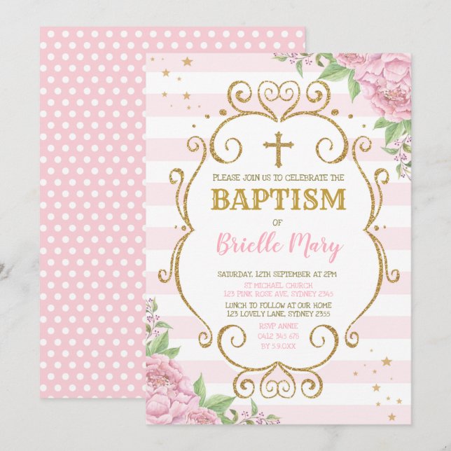 Convites Batismo Dourado Rosa Christening Princesa Floral (Frente/Verso)
