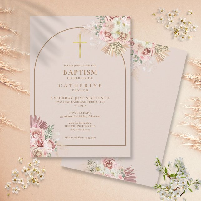 Convites Batismo Dourado Rosa Pampas Garota-Grama Cinzento (Pink Gold Pampas Grass Girl Baptism Christening Invitation)