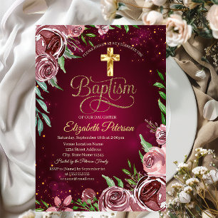 Convites Batismo Dourado Rosas Cross Burgundy
