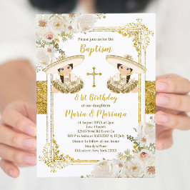 Convites Batismo e Aniversário de Gêmeas Florais Brancas e 