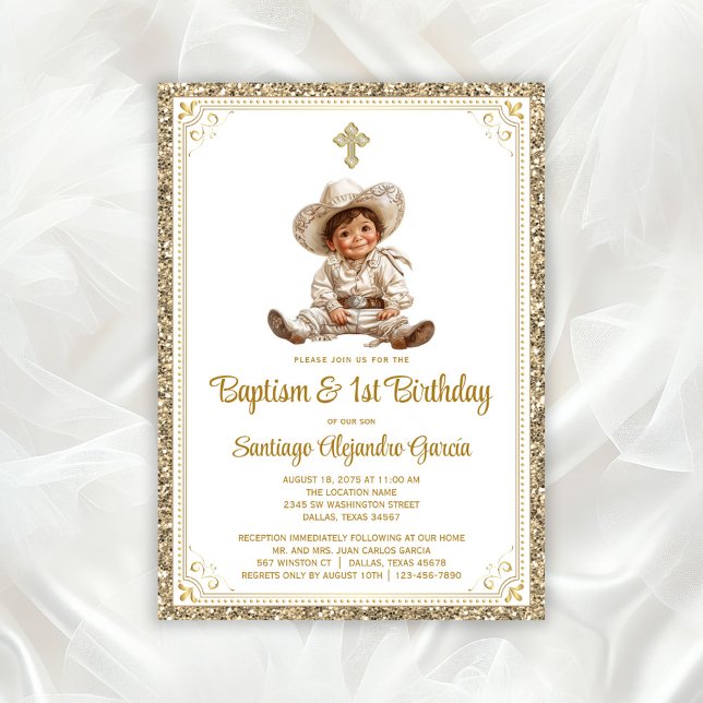 Convites Batismo e Aniversário do Bebê Dourado Elegante (Cute baby charro baptism invitation. You can change all text as needed for your event. )
