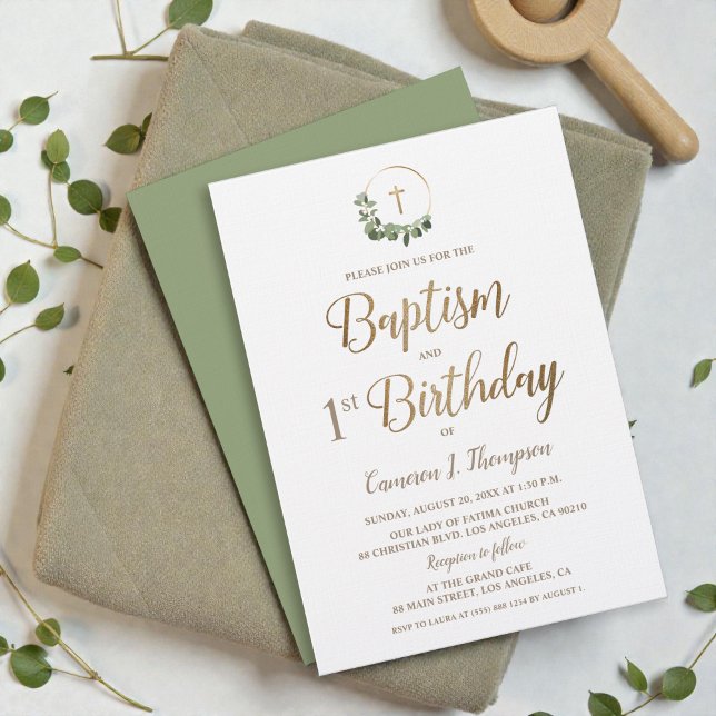 Convites Batismo e primeira Cruz Dourada de Aniversário (Elegant, simple baby baptism and 1st birthday greenery wreath and gold cross invitation template.)