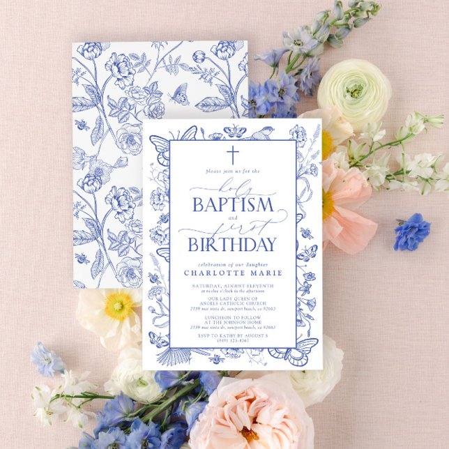 Convites Batismo e primeiro aniversario Belo e Azul-Elegant (Easily personalize this beautiful baptism and first birthday invitation with your personal details)