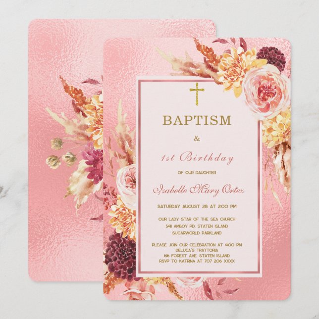 Convites Batismo e Primeiro Aniversário em Rose Gold (Frente/Verso)