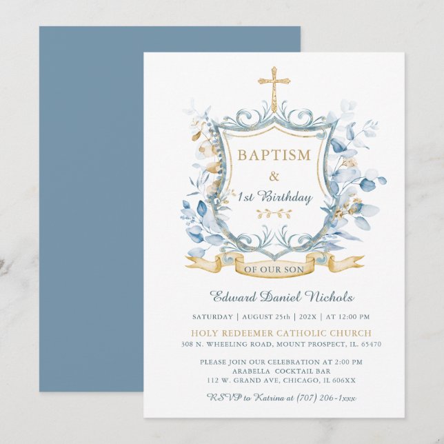 Convites Batismo editável, azul e monograma Dourado (Frente/Verso)