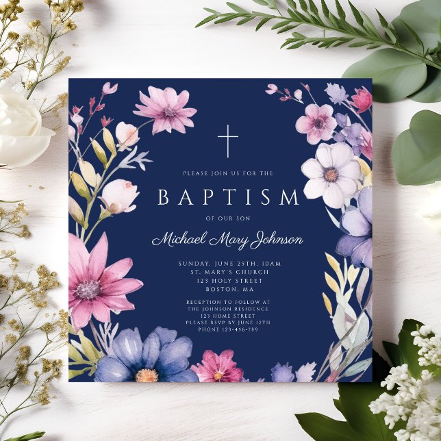 Convites Batismo Elegante Blue Wildflower (Elegant Blue Wildflower Wreath Boy Baptism Invitation)