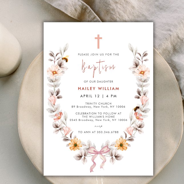 Convites Batismo Elegante Boho Wildflower Wreath Girl (Elegant Boho Wildflower Wreath Girl Baptism Invitation)