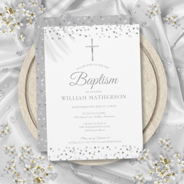 Convites Batismo Elegante de Corações de Prata (Elegant Silver Hearts Baptism Christening Invitation)